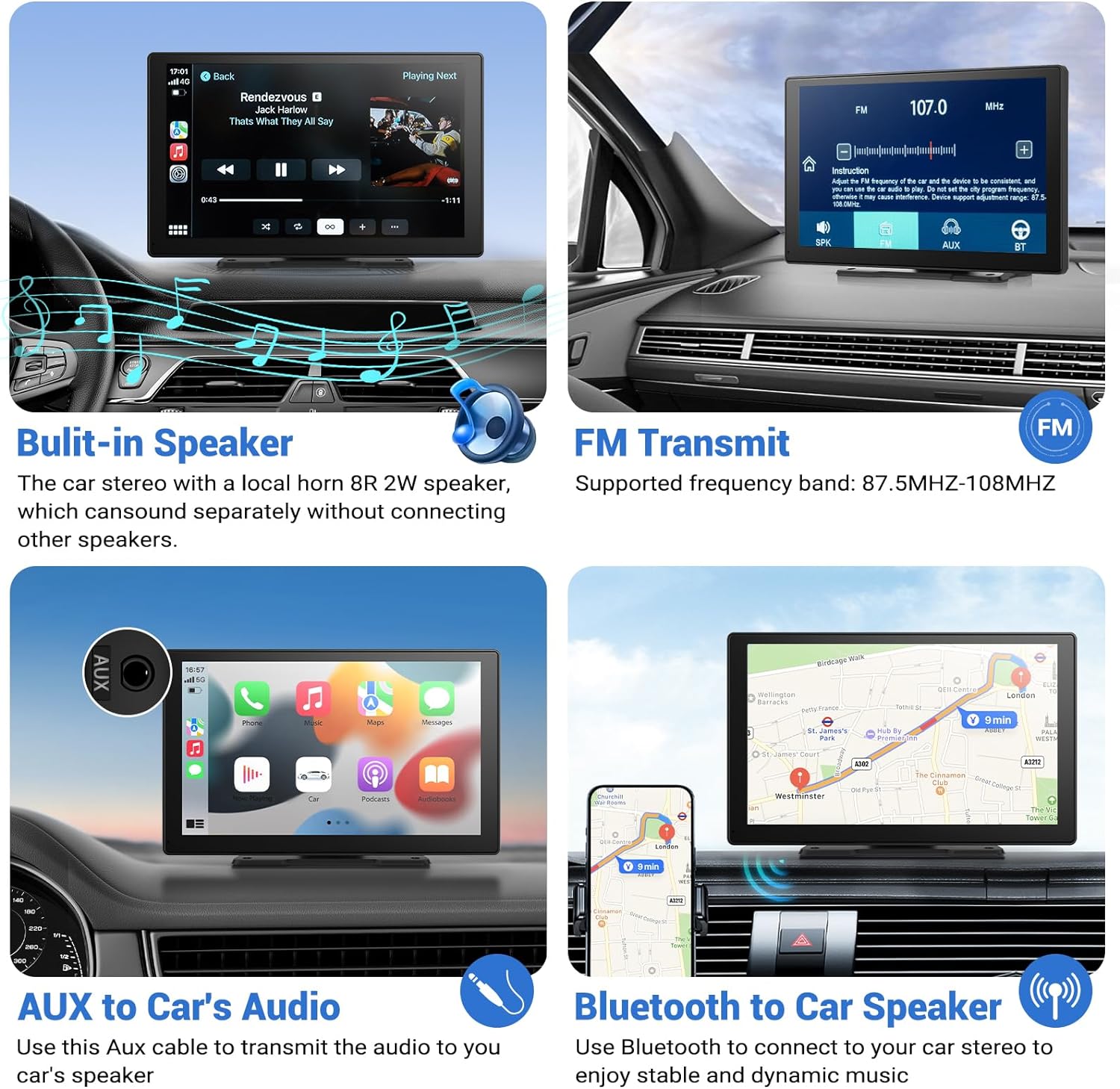 NOEIFEVO Schermo Carplay Wireless per auto con Dashcam 4K, autoradio portatile Apple Carplay & Android Auto da 9", con telecamera posteriore 1080p, navigazione GPS/Mirror Link/controllo vocale/Bluetooth.