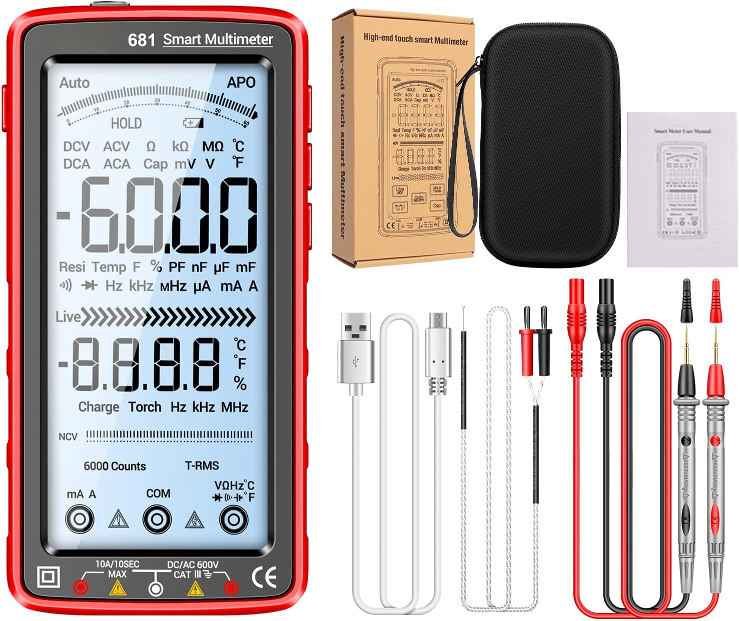 681 Multimetro digitale, dispositivo di misura multifunzione, ricaricabile, tensione AC/DC, tester di tensione senza contatto, schermo LCD, tester di corrente