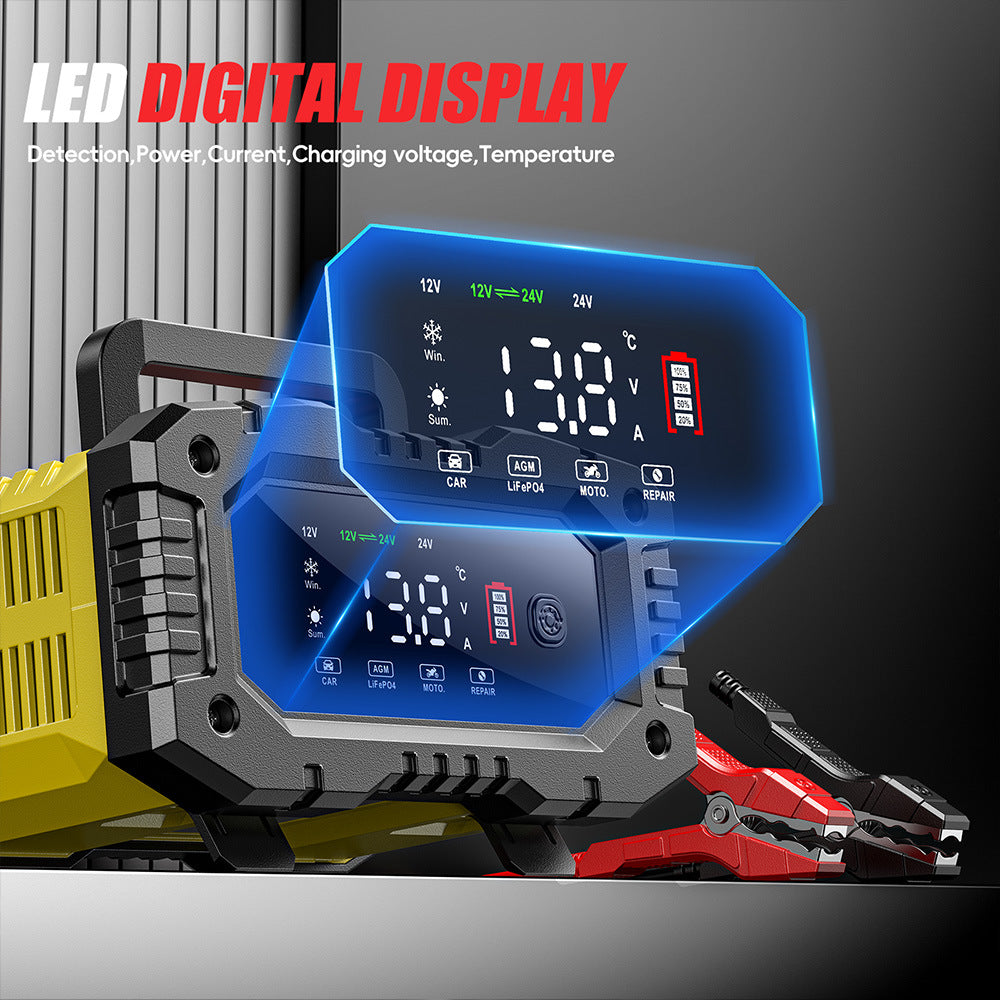 NOEIFEVO 10A Autobatterioplader, 12V 24V LiFePO4 oplader, batterilader, biloplader, intelligent batterilader med temperaturudligning til personbiler, lastbiler, motorcykler, plæneklippere.