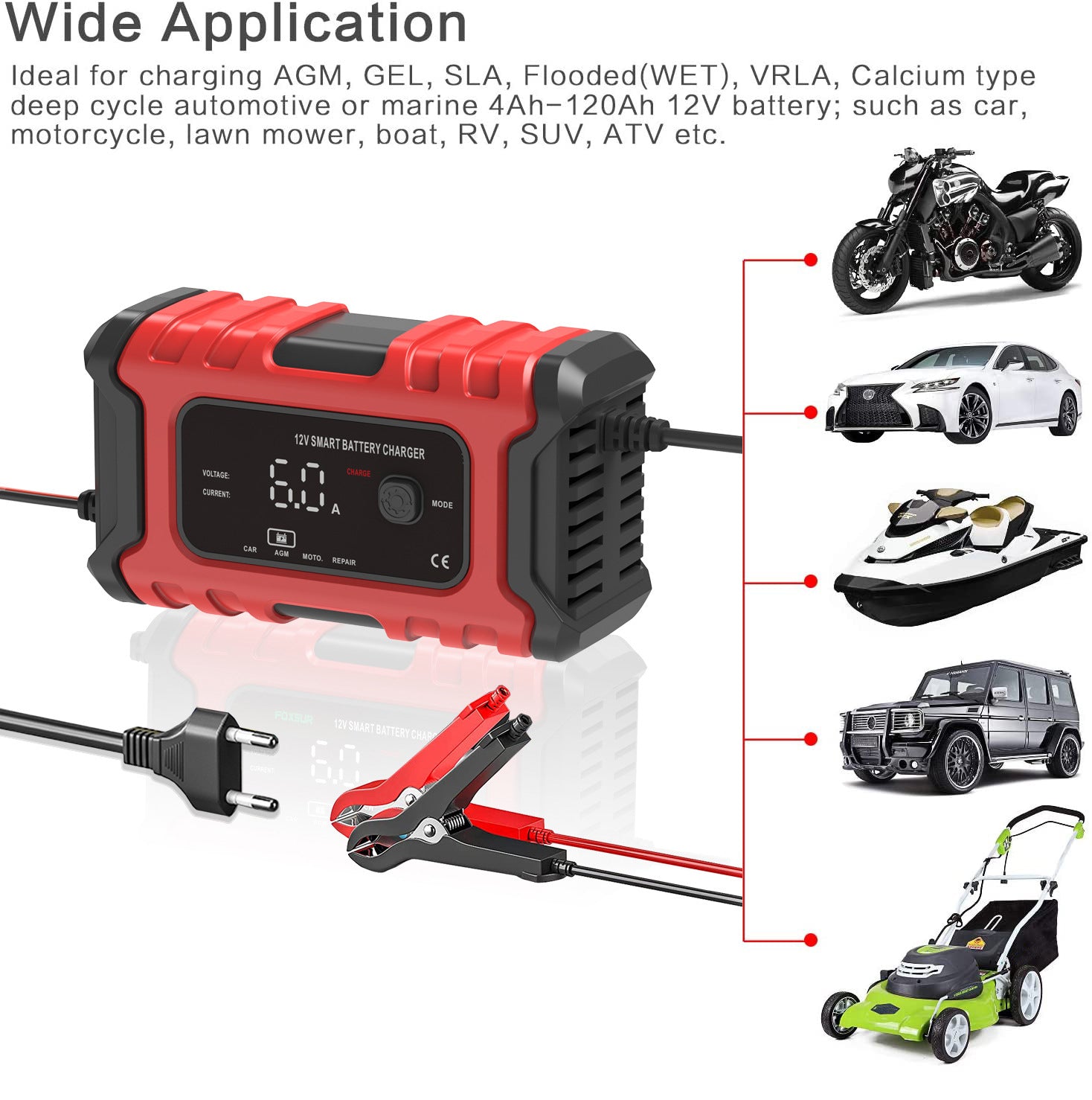 NOEIFEVO 6A Caricabatterie per auto, 12V Caricabatterie intelligente completamente automatica con compensazione della temperatura per batterie di auto, camion, moto, tosaerba, barche e batterie marine