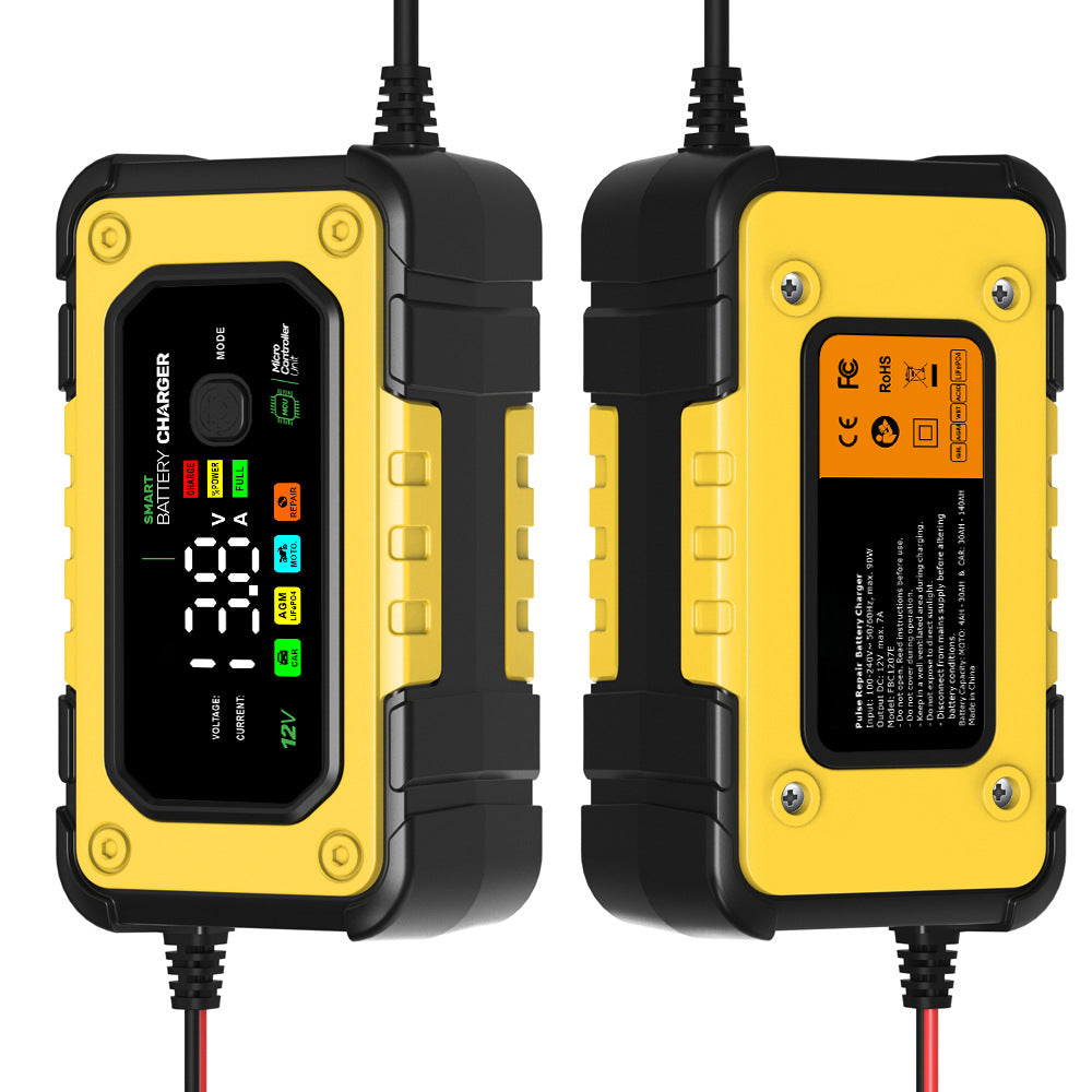 7A Autobatteri Oplader, 12V Smart Fuldt Automatisk Bilbatteri Oplader med LCD-skærm, velegnet til Bil, Motorcykel, Plæneklipper, Båd og Marinebatterier.