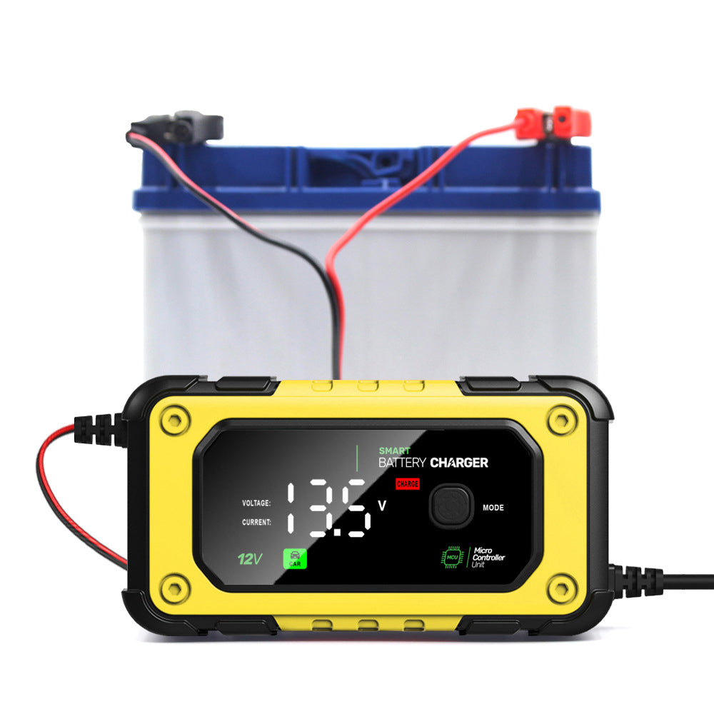 7A Autobatteri Oplader, 12V Smart Fuldt Automatisk Bilbatteri Oplader med LCD-skærm, velegnet til Bil, Motorcykel, Plæneklipper, Båd og Marinebatterier.