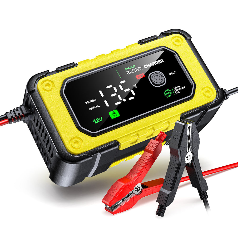 7A Autobatteri Oplader, 12V Smart Fuldt Automatisk Bilbatteri Oplader med LCD-skærm, velegnet til Bil, Motorcykel, Plæneklipper, Båd og Marinebatterier.