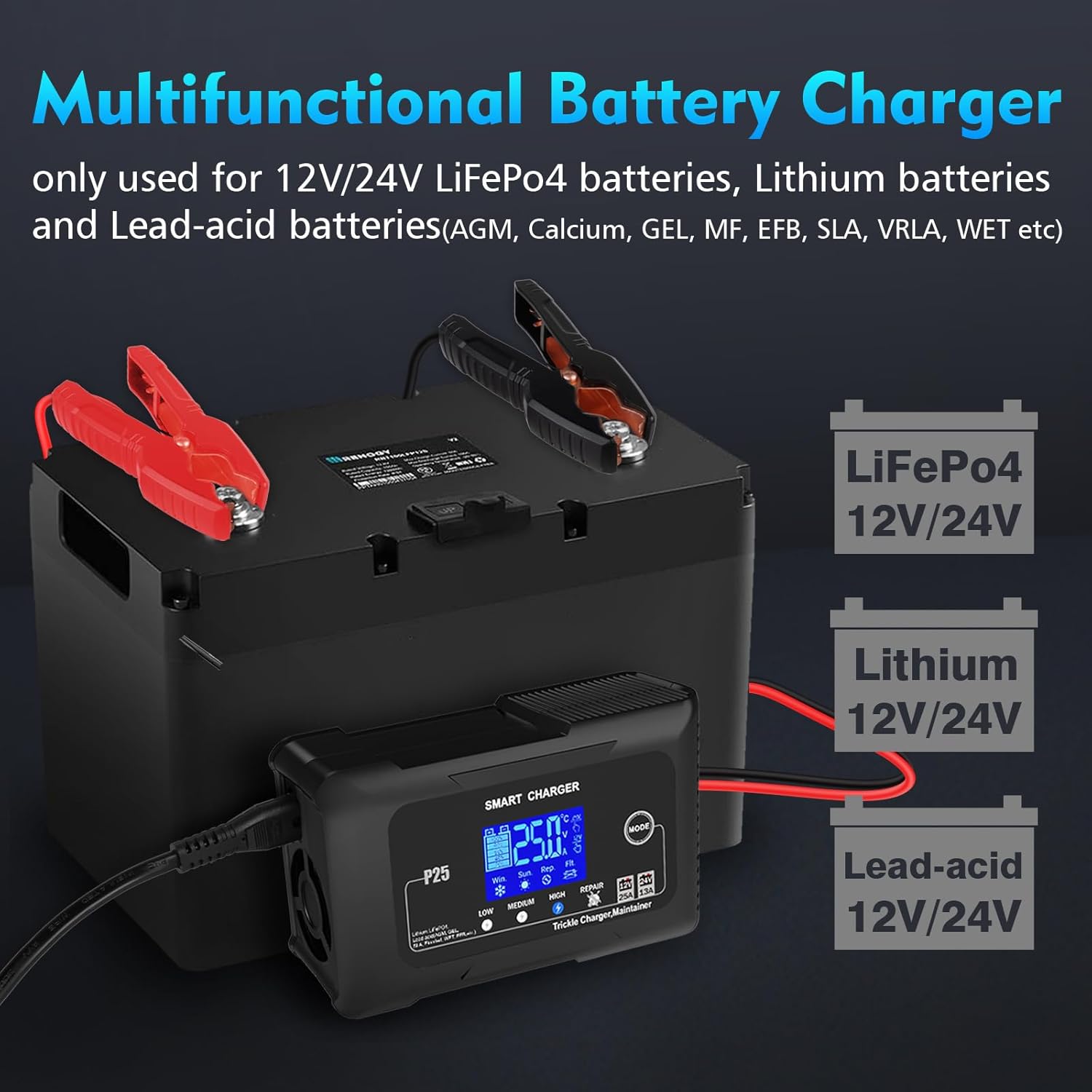 NOEIFEVO 25A Bilbatteriladdare, 12V 25A/24V 13A Underhållsladdare för bil, motorcykel, gräsklippare, båt, litium, LiFePO4 och bly-syra (AGM, GEL, MF, EFB, SLA, VRLA)