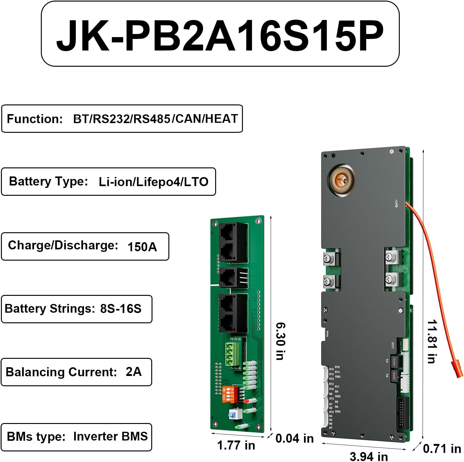 BMS 8S-16S 24V-48V 100A/150A Sistema de armazenamento de energia doméstica BMS 1A/2A Balance ativo Bluetooth integrado com RS485 CAN para sistema solar