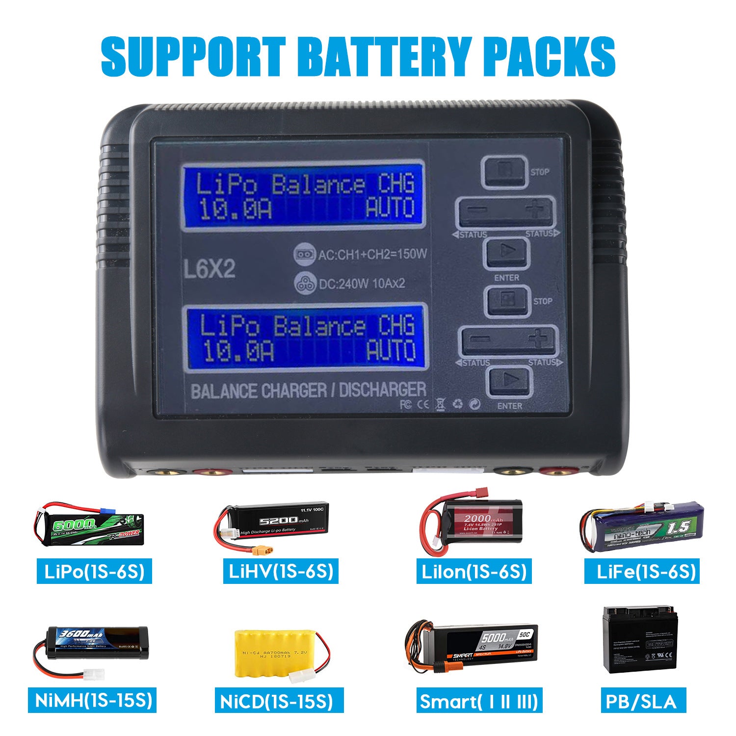 NOEIFEVO L6X2 Kaksikanavainen Älykäs Tasapainotusbattery Laturi Purkaja RC-akuille NiMH, NiCd, LiHV, Li-ion, Lipo, PB