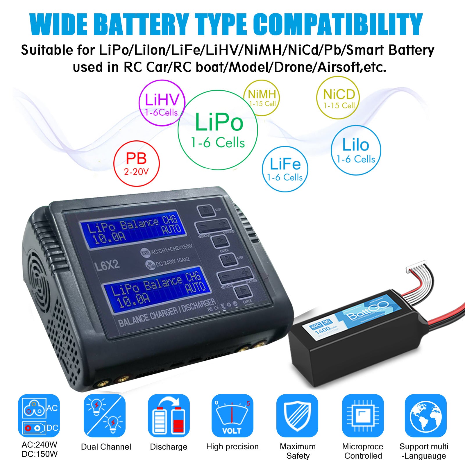 NOEIFEVO L6X2 Twee-Kanaals Slimme Balanslader Ontlader voor RC Batterijen NiMH, NiCd, LiHV, Li-ion, Lipo, PB