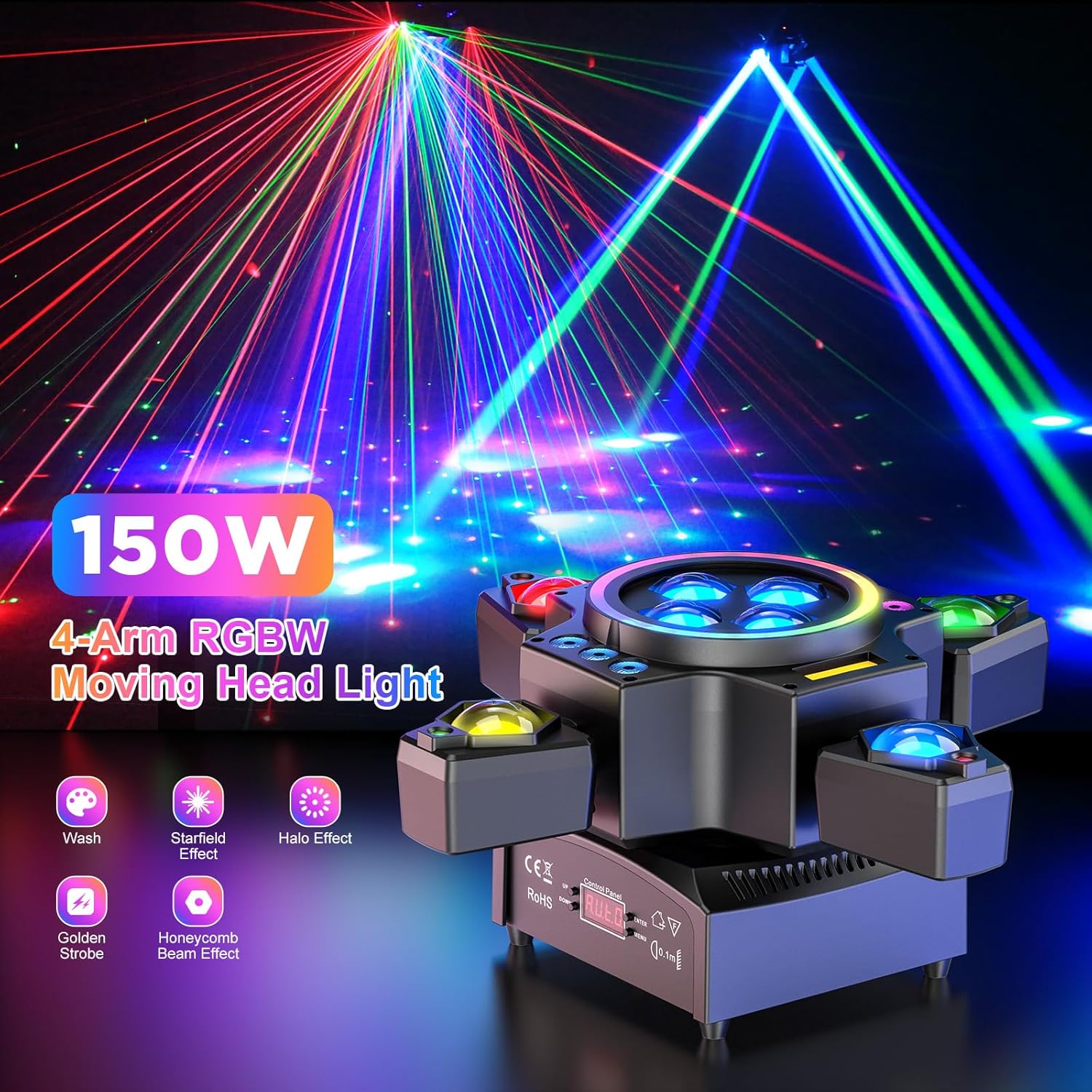 120W lavavalo 4-in-1 RGBW moving head -efekti, laservalo, heijastin, juhlavalaisin kaukosäätimellä Discoon, DJ:lle, baariin, syntymäpäiväjuhliin