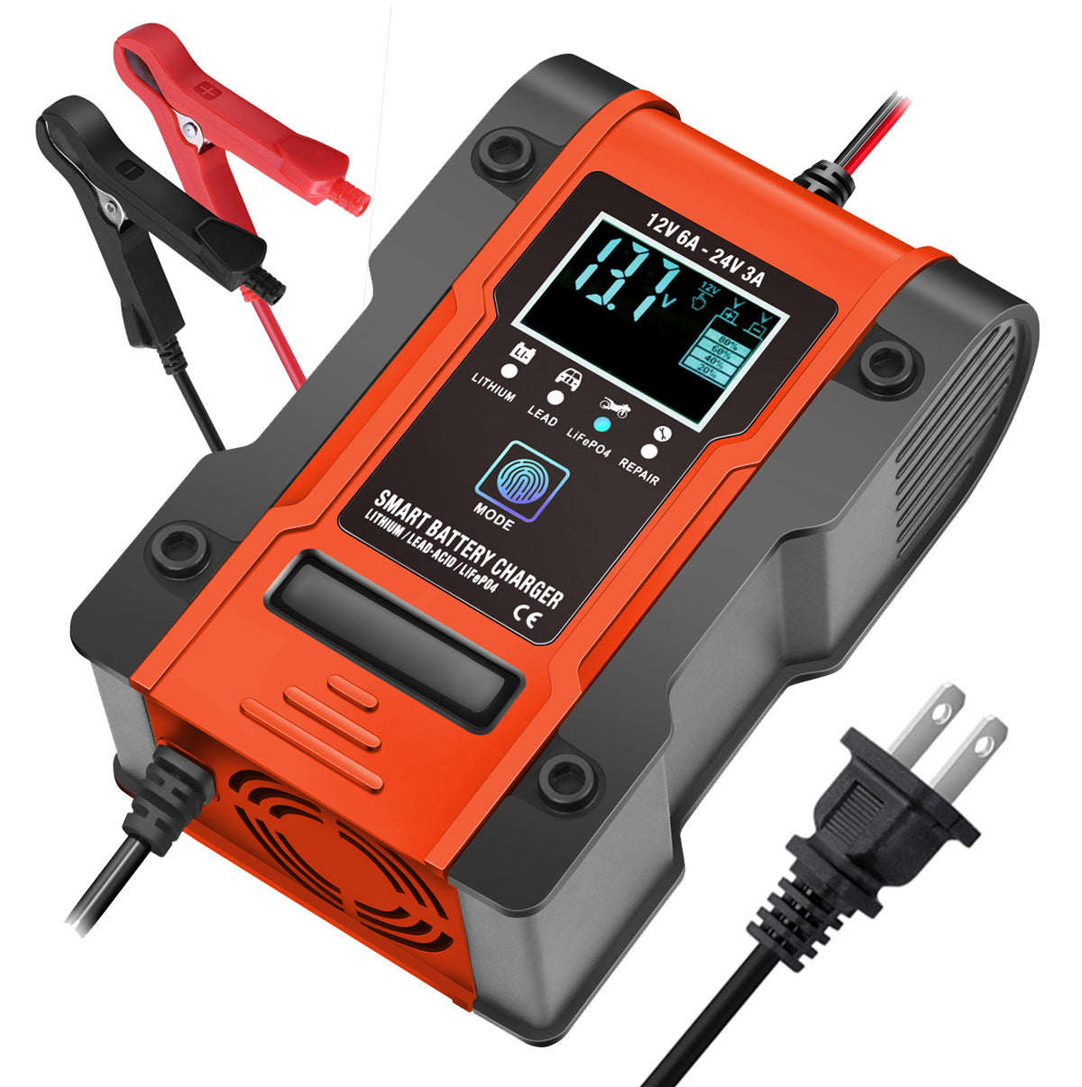 12V 6A / 24V 3A Nabíječka autobaterií a motobaterií, inteligentní multifunkční opravná nabíječka s detekcí teploty pro olověné, AGM, gelové, hlubokocyklové, lithiové a LiFePO4 baterie.