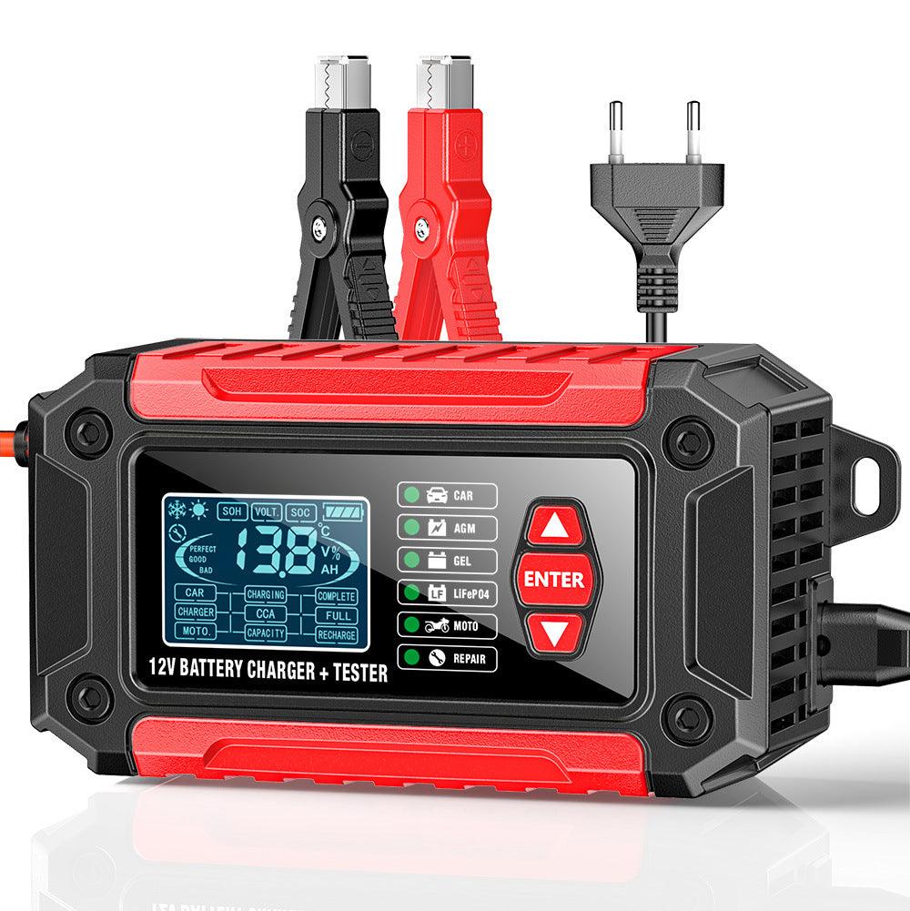 Carregador e testador de bateria automotiva 2 em 1, carregador de bateria 12V para chumbo-ácido, AGM e LiFePO4, carregador veicular, testador inteligente de bateria para carros, caminhões, motocicletas e cortadores de grama