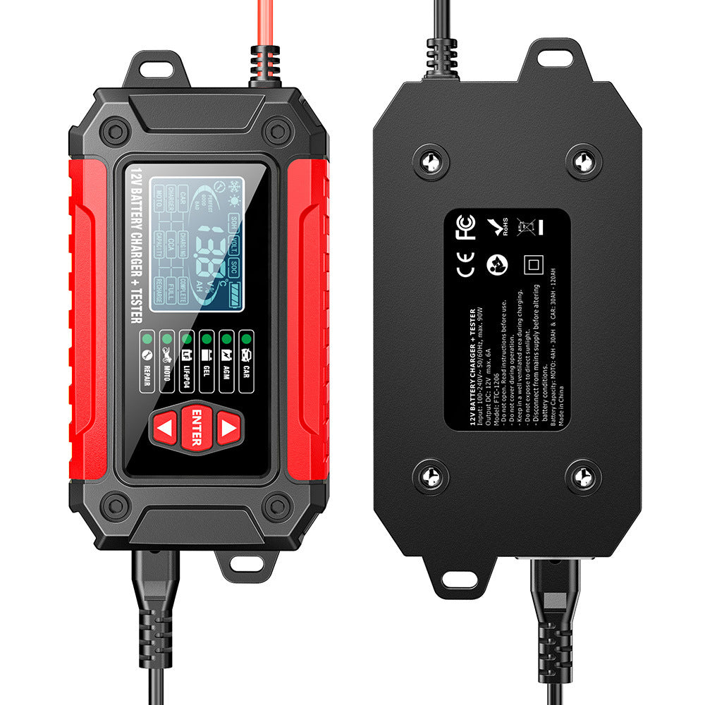 Carregador e testador de bateria automotiva 2 em 1, carregador de bateria 12V para chumbo-ácido, AGM e LiFePO4, carregador veicular, testador inteligente de bateria para carros, caminhões, motocicletas e cortadores de grama