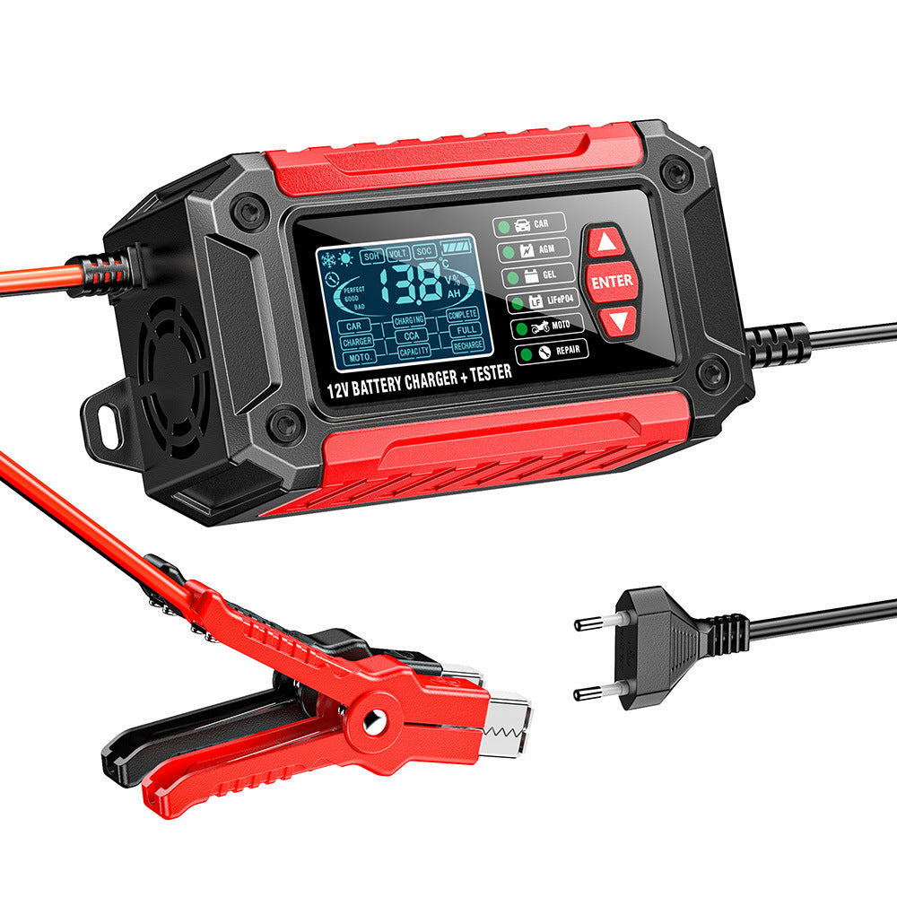 Carregador e testador de bateria automotiva 2 em 1, carregador de bateria 12V para chumbo-ácido, AGM e LiFePO4, carregador veicular, testador inteligente de bateria para carros, caminhões, motocicletas e cortadores de grama