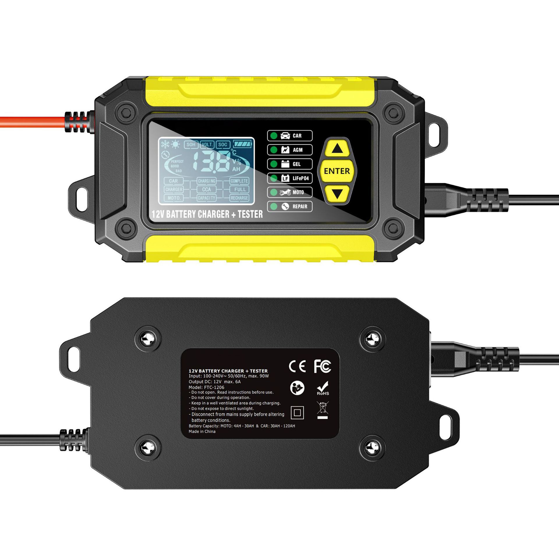 Carregador e testador de bateria automotiva 2 em 1, carregador de bateria 12V para chumbo-ácido, AGM e LiFePO4, carregador veicular, testador inteligente de bateria para carros, caminhões, motocicletas e cortadores de grama
