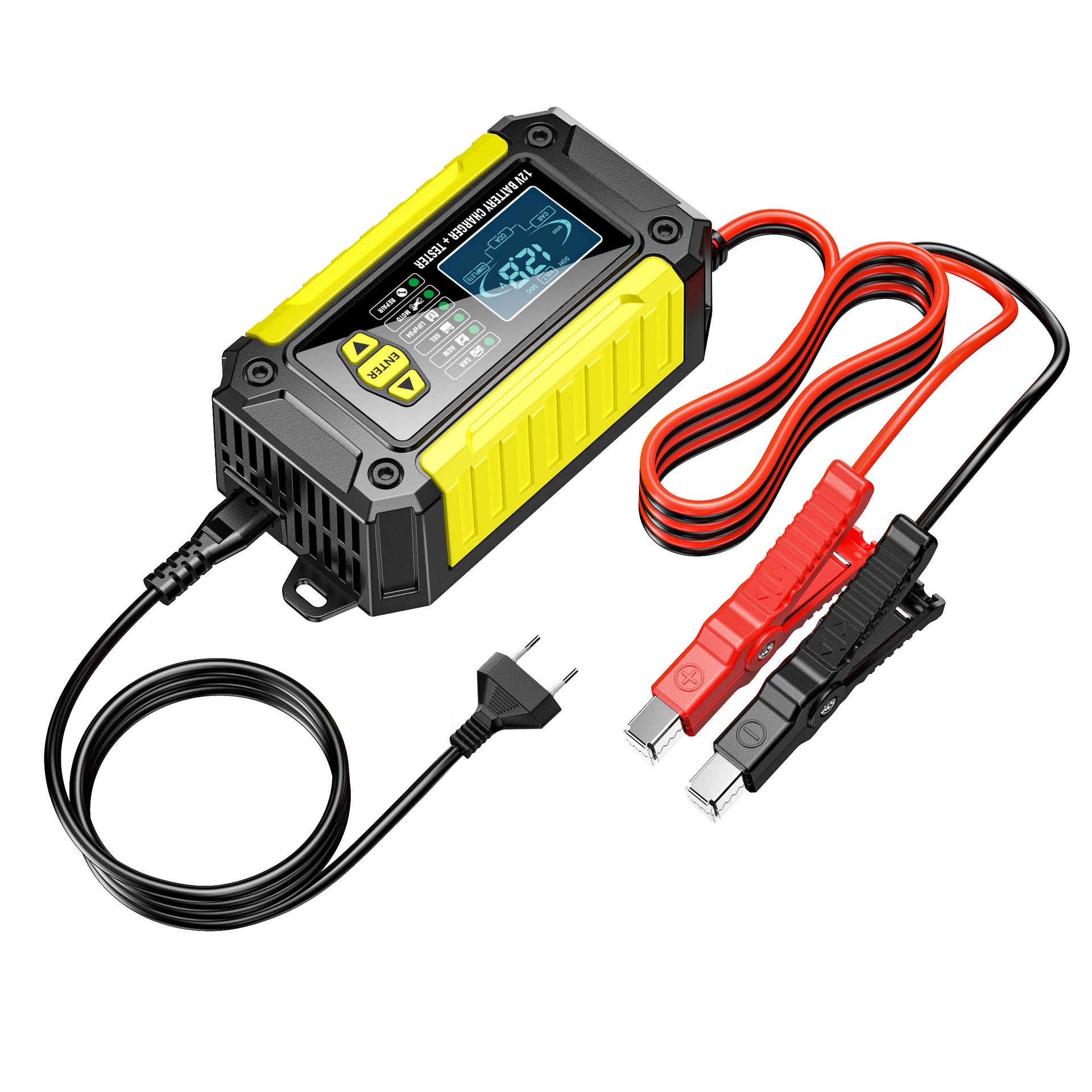 Carregador e testador de bateria automotiva 2 em 1, carregador de bateria 12V para chumbo-ácido, AGM e LiFePO4, carregador veicular, testador inteligente de bateria para carros, caminhões, motocicletas e cortadores de grama