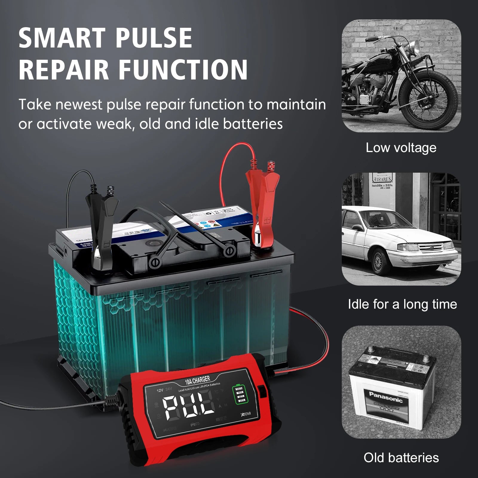 NOEIFEVO 10A Ładowarka do akumulatorów samochodowych, 12 V/24 V, inteligentna, w pełni automatyczna, z trybem regeneracji do samochodów, ciężarówek, motocykli, kosiarek, łodzi i akumulatorów okrętowych