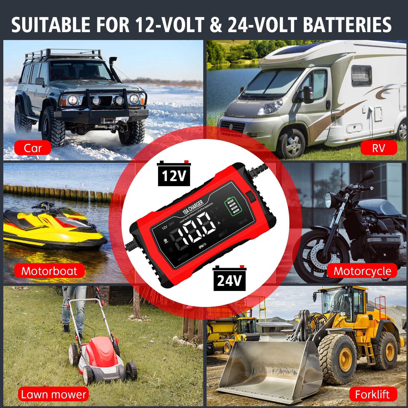 NOEIFEVO 10A Cargador de batería de automóvil, 12 V/24 V, inteligente, totalmente automático, con modo de reparación para autos, camiones, motocicletas, cortacéspedes, botes y baterías de barcos