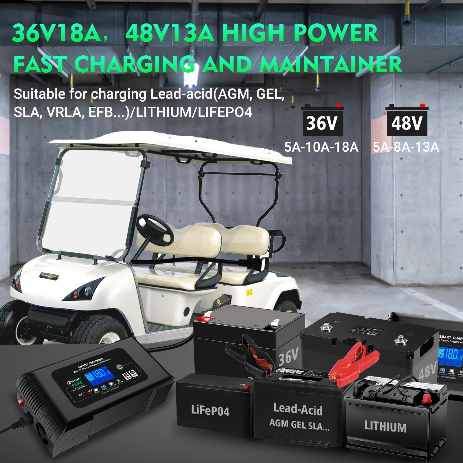 NOEIFEVO 36V18A 48V13A Golfwagen-Batterieladegerät für EZ-GO RXV TXT Club Car Yamaha für Lithium-Lifepo4-Blei-Säure-Batterie