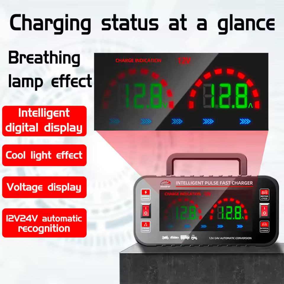 12 10A / 24V 5A Volledig automatische autobatterijlader Intelligente pulsreparatie autobatterijlader Motorfietsbatterijlader