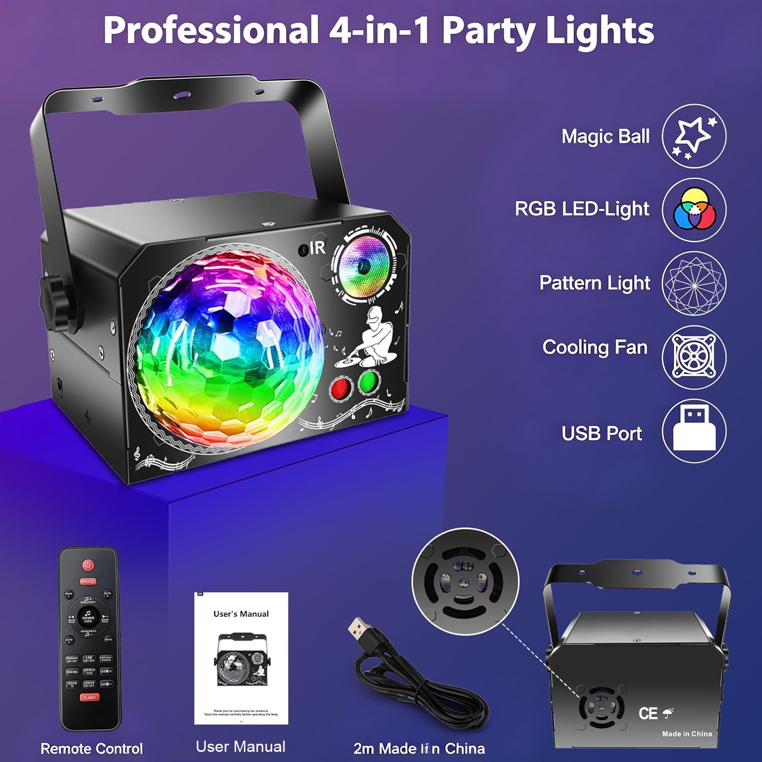 4-in-1 Discokugel, DJ-Disco- und Partylicht (65 Muster), musikgesteuertes Disco-Partylicht, RGB/UV/Stroboskop, sprachgesteuerte Partyleuchte für Partys, Festivals, Clubs, Halloween und Weihnachten