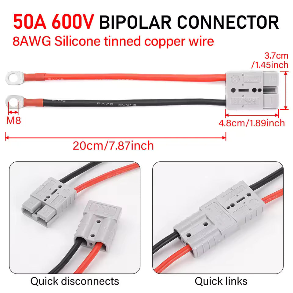 50A 600V vysokoproudové připojení, Anderson 50A na M8 rychlé bateriové připojení, 8 AWG 20 cm elektrický kabel pro LiFePO4 baterii golfový vozík vysokozdvižný vozík