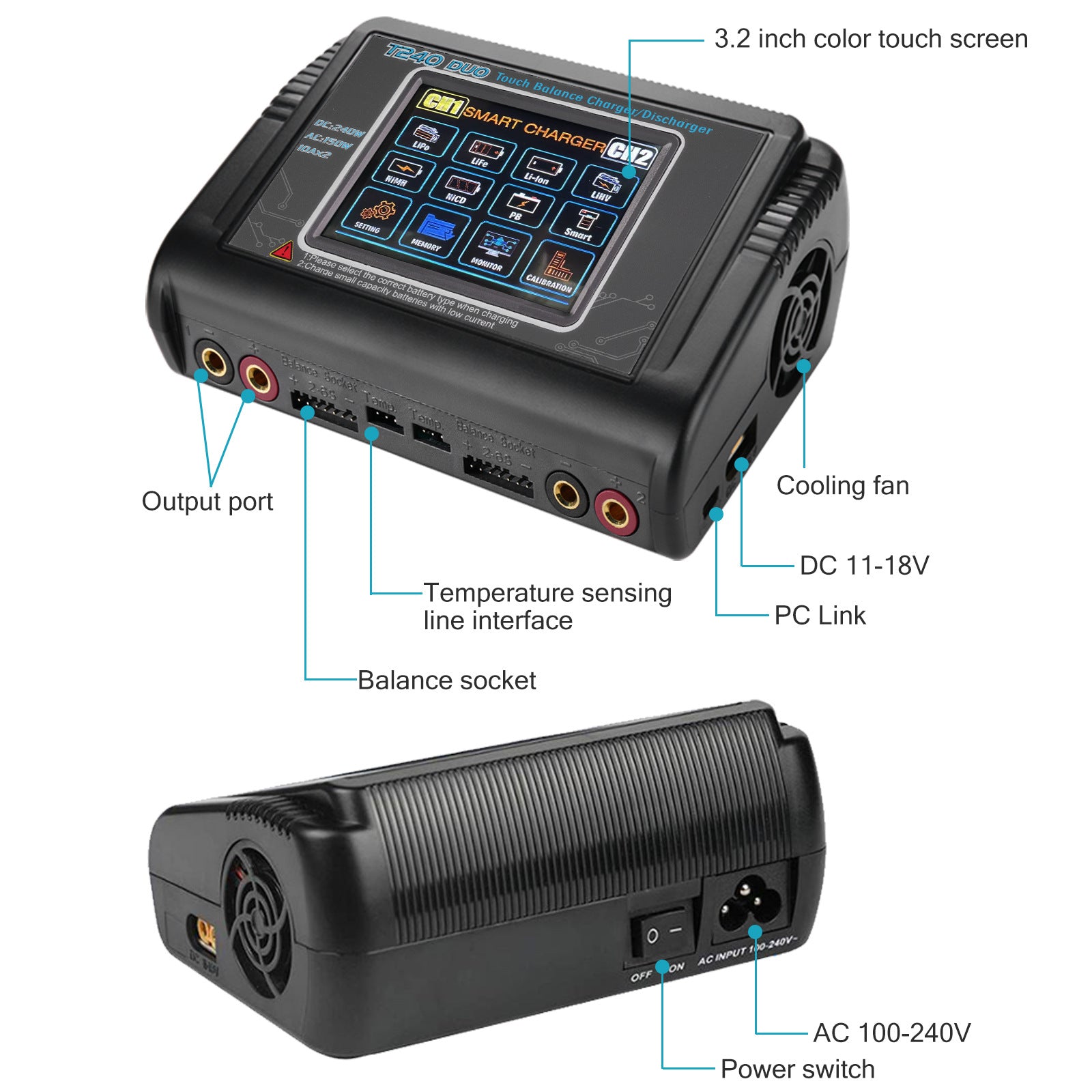 NOEIFEVO T240 RC Ladegerät Dual-Channel AC 150W DC 240W für NiMH, NiCd, LiHV, Li-ion, Lipo, PB-Akkus