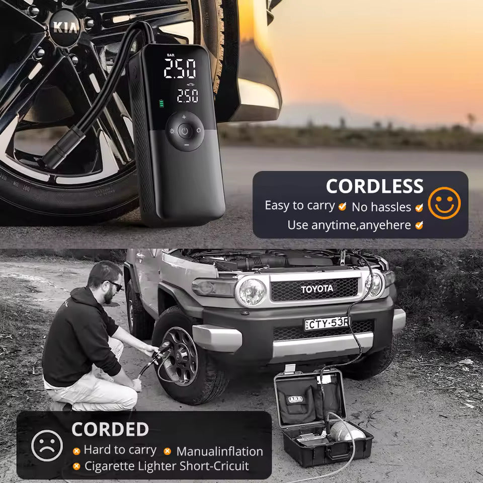 Pompa ad aria elettrica, pompa ad aria a batteria da 150 PSI, pressione dei pneumatici preimpostata per auto/moto/bicicletta/pallone, gonfiaggio con un solo pulsante e arresto automatico, pompa per bicicletta con luce LED e power bank