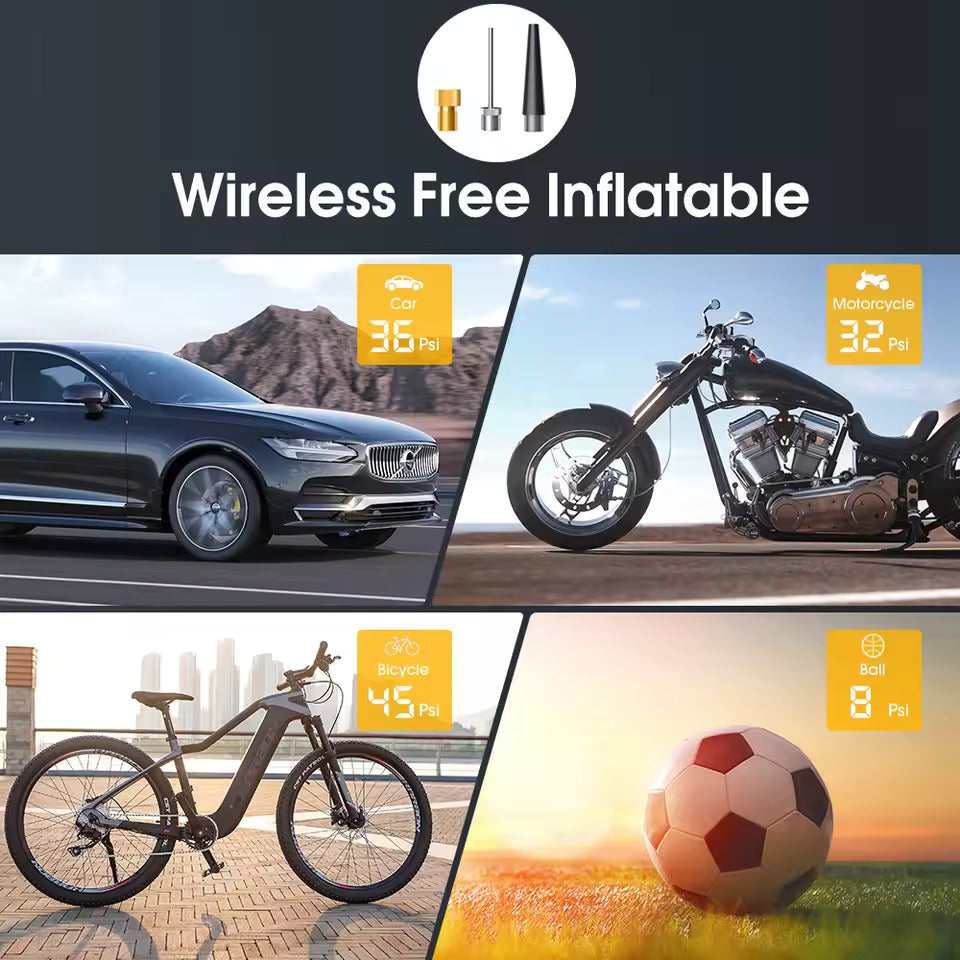 Pompa ad aria elettrica, pompa ad aria a batteria da 150 PSI, pressione dei pneumatici preimpostata per auto/moto/bicicletta/pallone, gonfiaggio con un solo pulsante e arresto automatico, pompa per bicicletta con luce LED e power bank