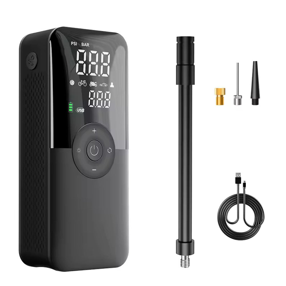 Pompa ad aria elettrica, pompa ad aria a batteria da 150 PSI, pressione dei pneumatici preimpostata per auto/moto/bicicletta/pallone, gonfiaggio con un solo pulsante e arresto automatico, pompa per bicicletta con luce LED e power bank