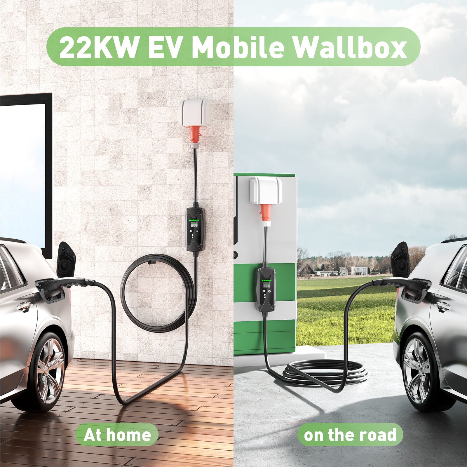 22KW 32A 3 Phase Mobile EV Wallbox , Type 2 Fast Charging Electric Vehicles Charger, 5Meters Cable, CEE 32A Plug