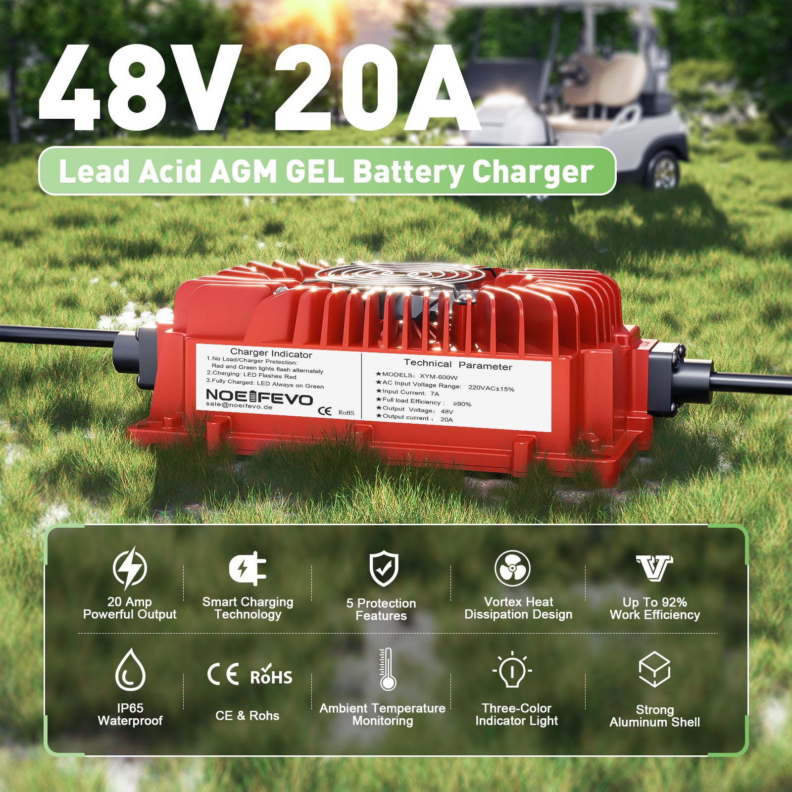 NOEIFEVO 48V 20A Batterieladegerät für Blei-Säure-Batterien, AGM, Gel, Golfwagen-Batterieladegerät