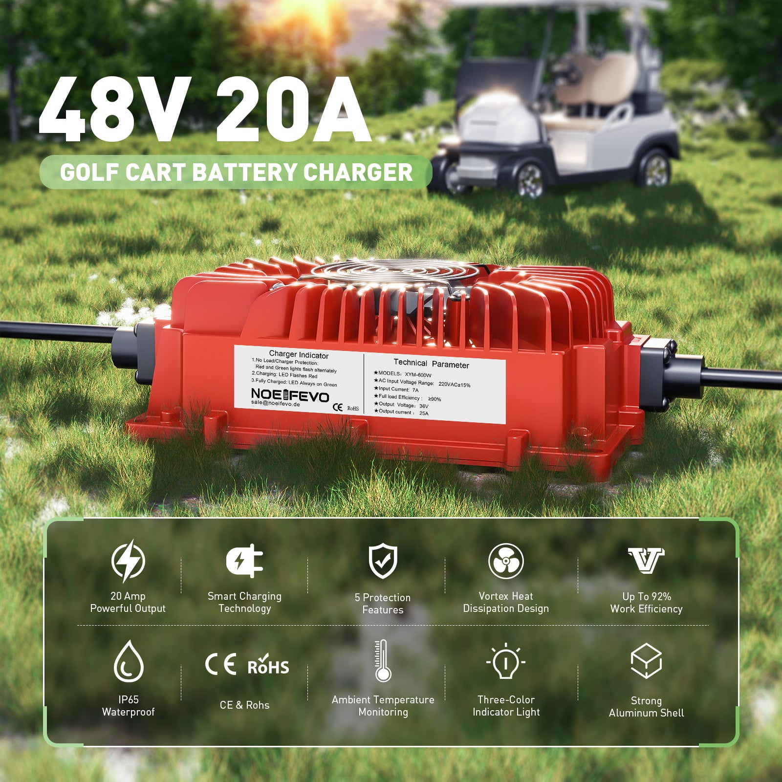 NOEIFEVO 48V 20A nabíječka baterií do golfového vozíku se zástrčkou EZGO RXV a TXT pro olověné baterie, AGM, gel