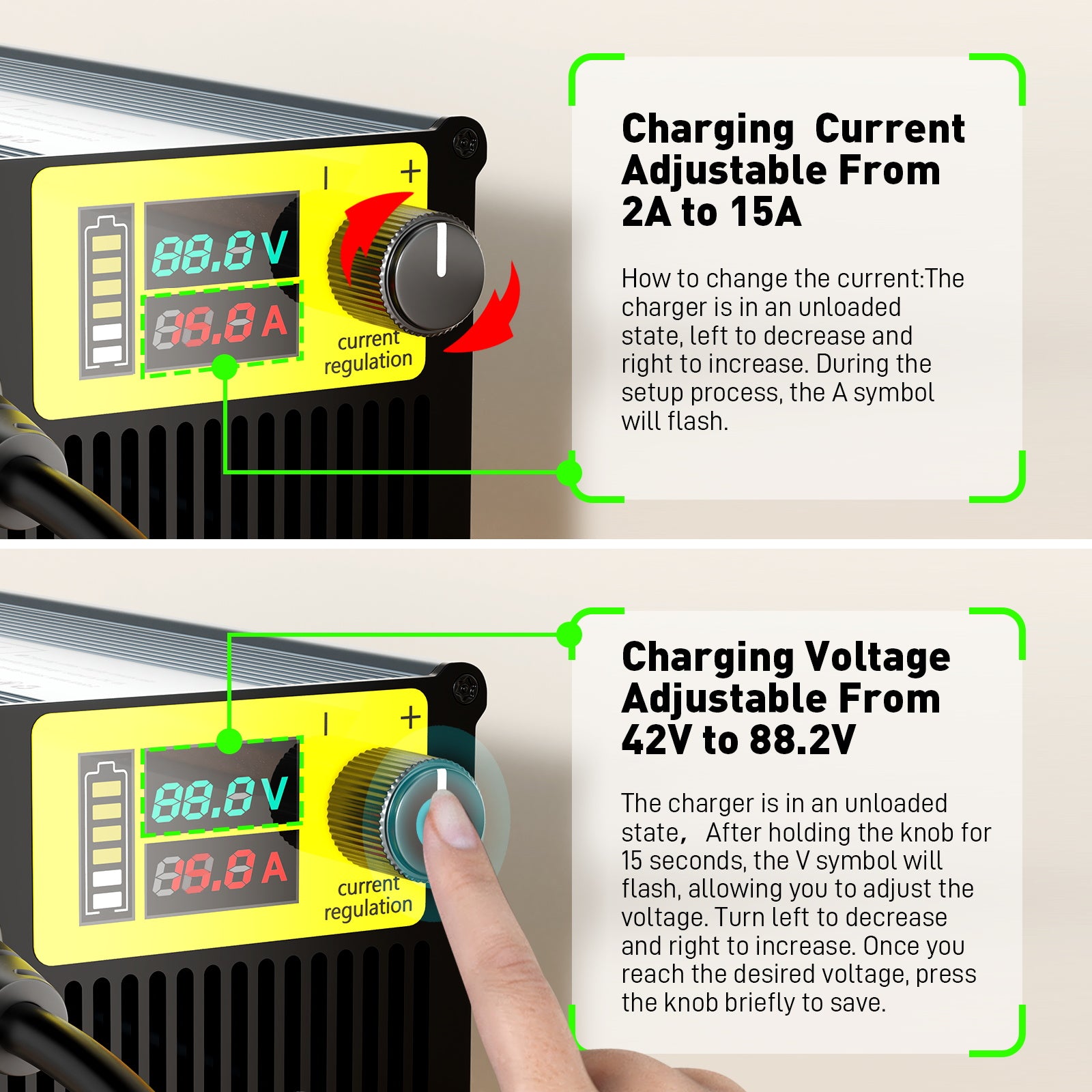 NOEIFEVO 15A Strøm 42V-88.2V Spænding Justerbar Li-ion LiFePO4 Lithium Oplader Til 36V 48V 60V 72V 84V Batteri