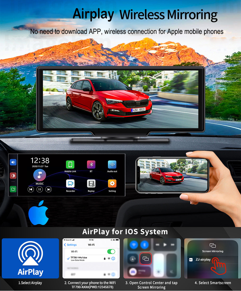 NOEIFEVO C200 10,26 Zoll CarPlay Bildschirm, Tragbares Autoradio kompatibel mit Apple CarPlay & Android Auto, IPS Touchscreen, 4K Dashcam, 1080P Rückfahrkamera, Siri, GPS-Navigation, Bluetooth, MirrorLink, FM