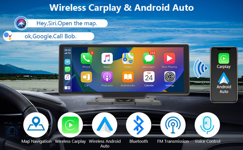 NOEIFEVO C200 10,26 Zoll CarPlay Bildschirm, Tragbares Autoradio kompatibel mit Apple CarPlay & Android Auto, IPS Touchscreen, 4K Dashcam, 1080P Rückfahrkamera, Siri, GPS-Navigation, Bluetooth, MirrorLink, FM