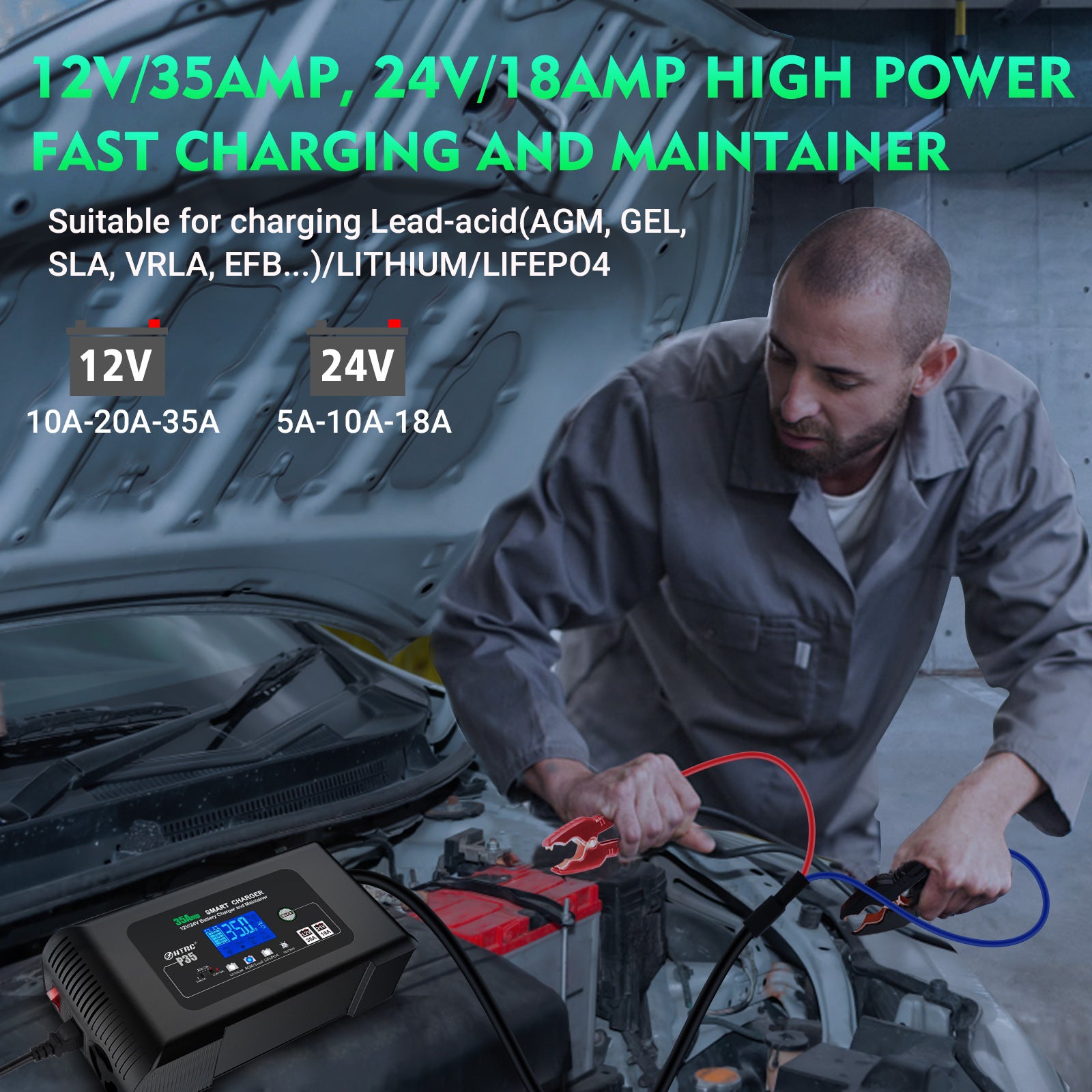 NOEIFEVO 12V 35A/24V 18A Smart Batterilader til Bilbatterier, Batterilader til Biler, Motorcykler, Plæneklippere, Både, Velegnet til Lithium, LiFePO4 og Bly-syre Batterier (AGM, Gel, MF, EFB, SLA, VRLA, Våde)